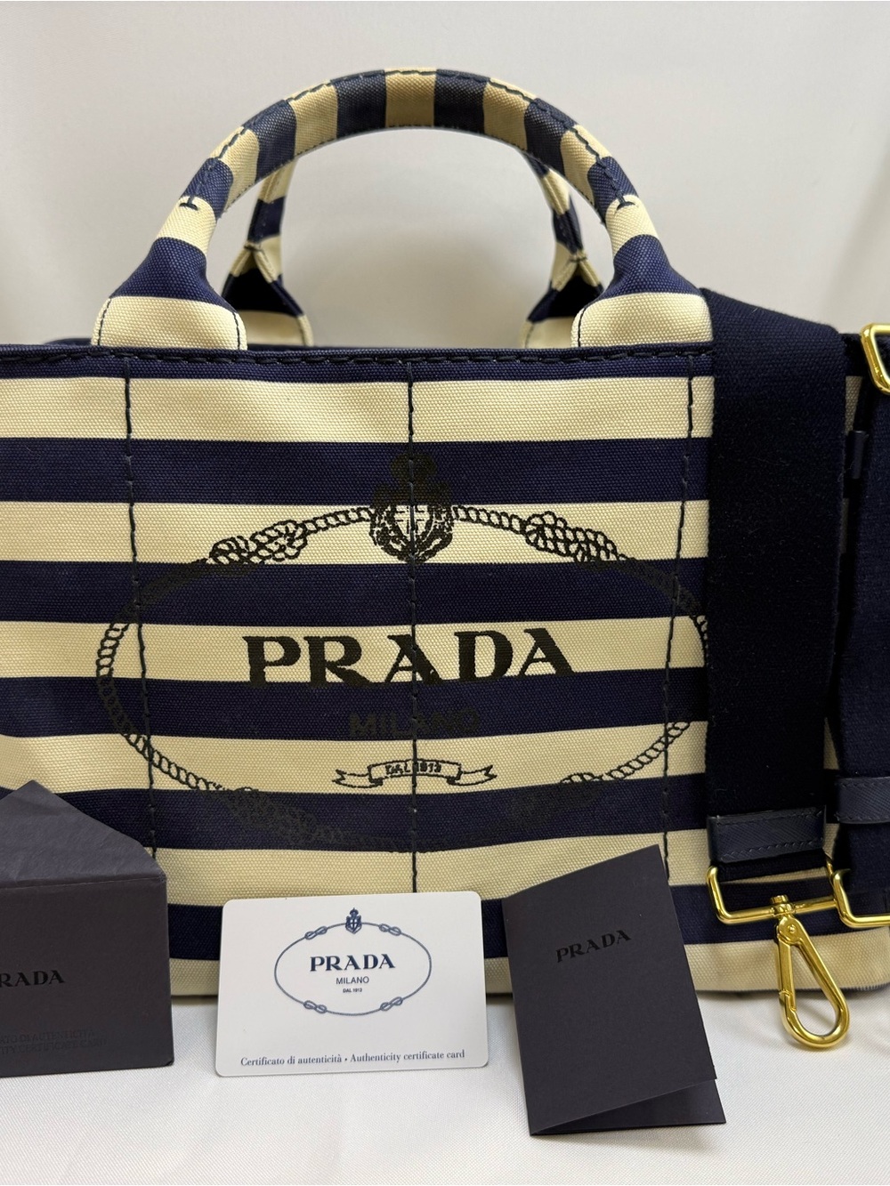 Prada Navy and Cream Striped Canvas Tote with Gold Accents